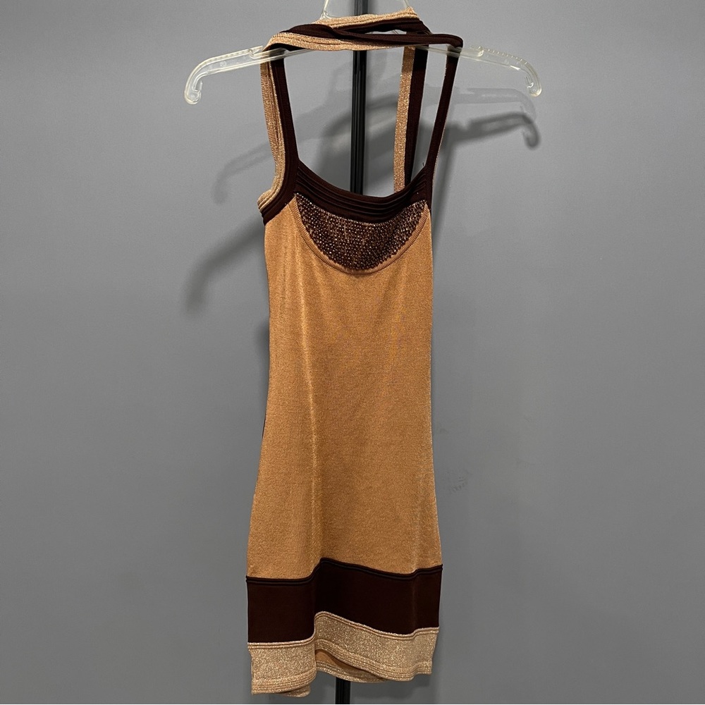 Bebe Womens Square Neck Brown Bead Sleeveless Pencil Slip Dress XS